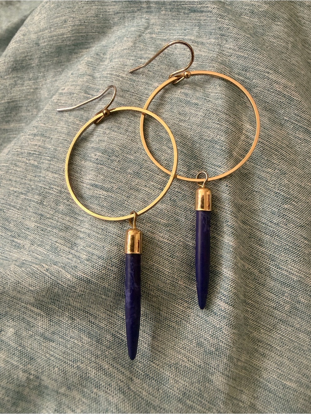 Gold Hoop Earrings with Blue Stone Spike Dangles